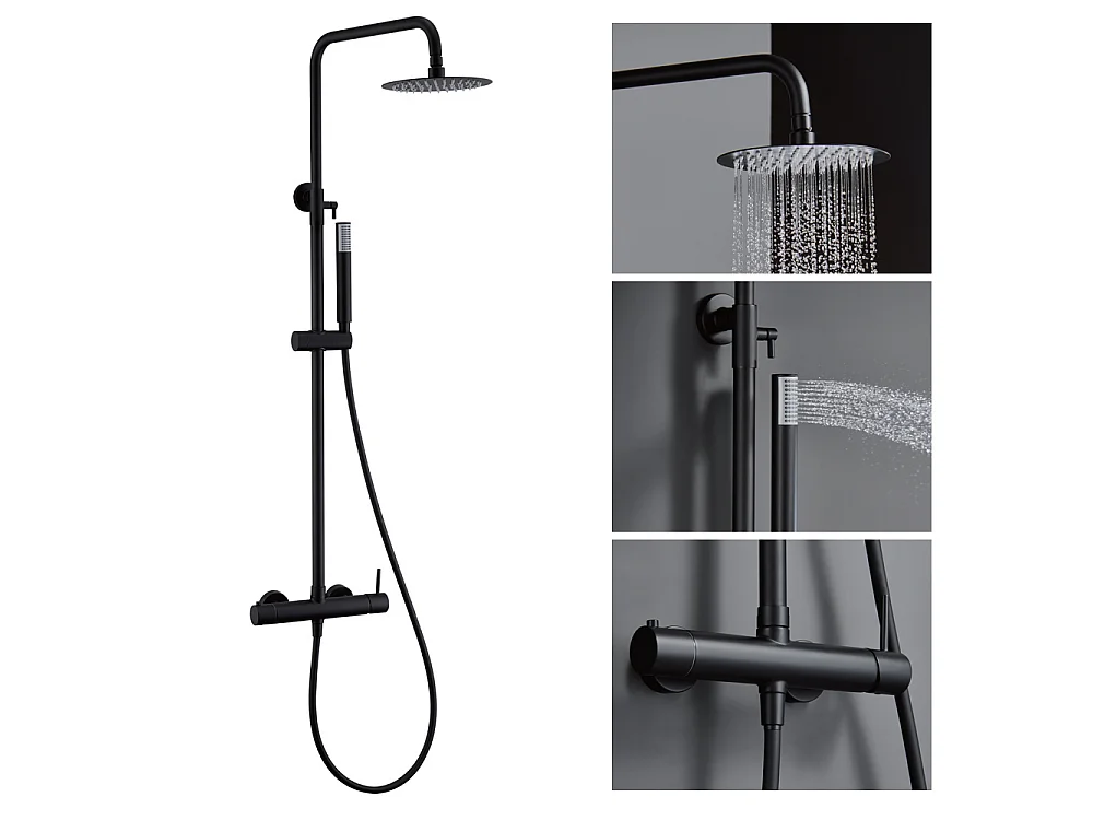 Coluna de Duche com Misturadora Monocomando | Chuveiro Redondo em Aço Inox S.304 Ø20 cm | Ultrafino Anticalcário Acabamento Preto Mate