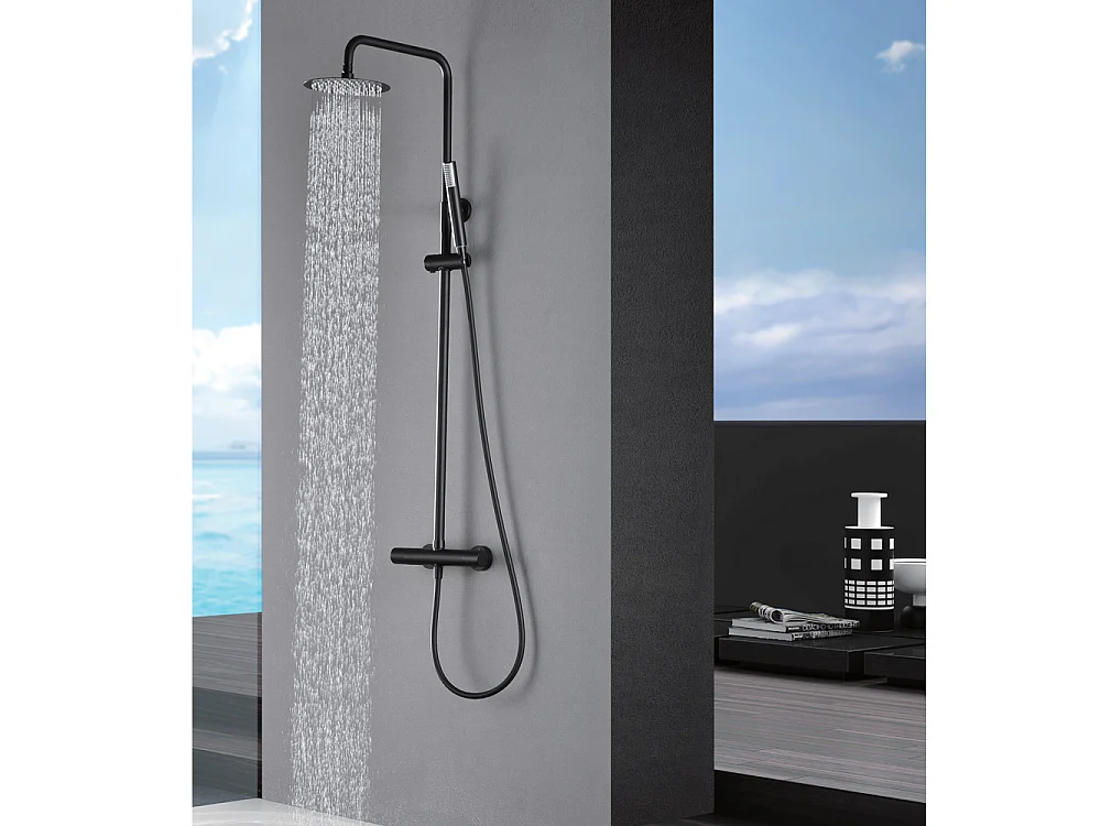Coluna de Duche com Misturadora Monocomando | Chuveiro Redondo em Aço Inox S.304 Ø20 cm | Ultrafino Anticalcário Acabamento Preto Mate