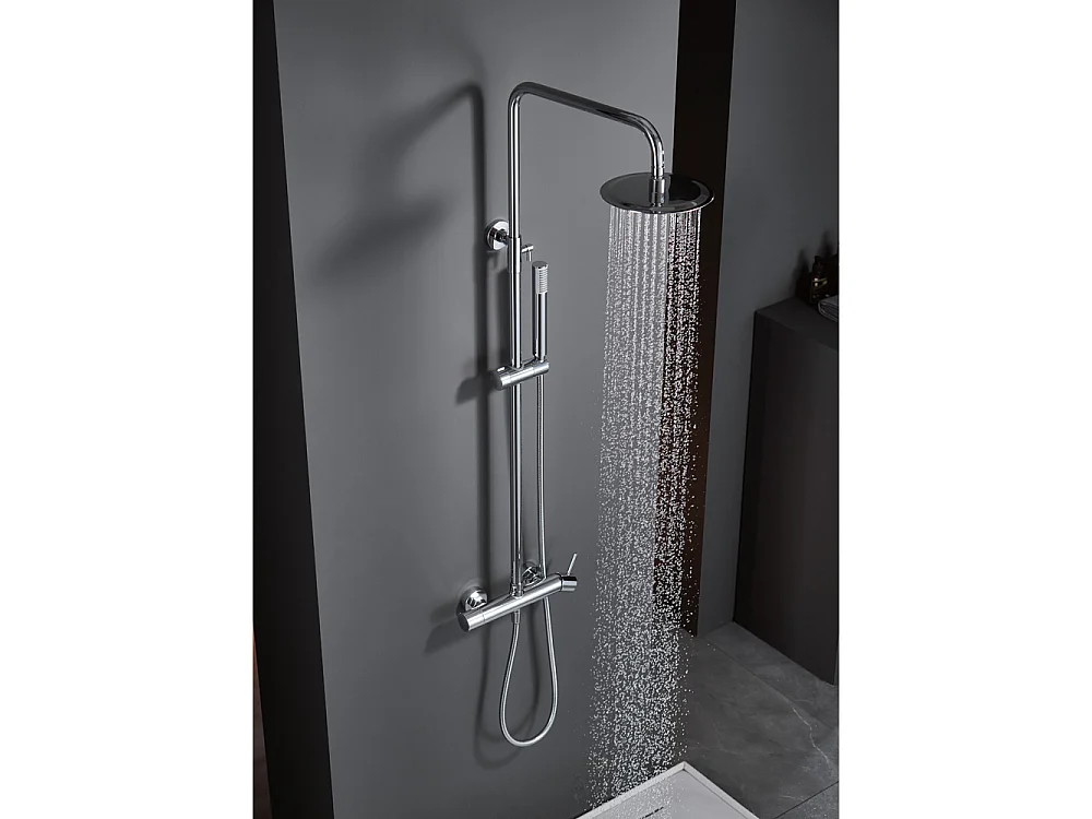 Douchekolom met thermostatische kraan | Ronde regendouche van roestvrij staal S.304 Ø20 cm | Extra vlak antikalk | Chroom afwerking