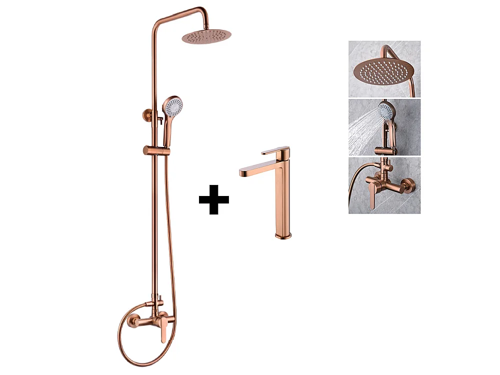 PACK Coluna de duche e Torneira de lavatório bica alta monocomando | Chuveiro redondo aço inox Ø20 cm | Anticalcário ouro rosa escovado