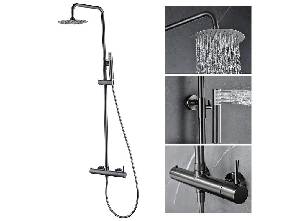 Douchekolom met eengreepsmengkraan | Ronde regendouche van roestvrij staal S.304 Ø20 cm | Extra vlak antikalk | Black Gun Metal afwerking