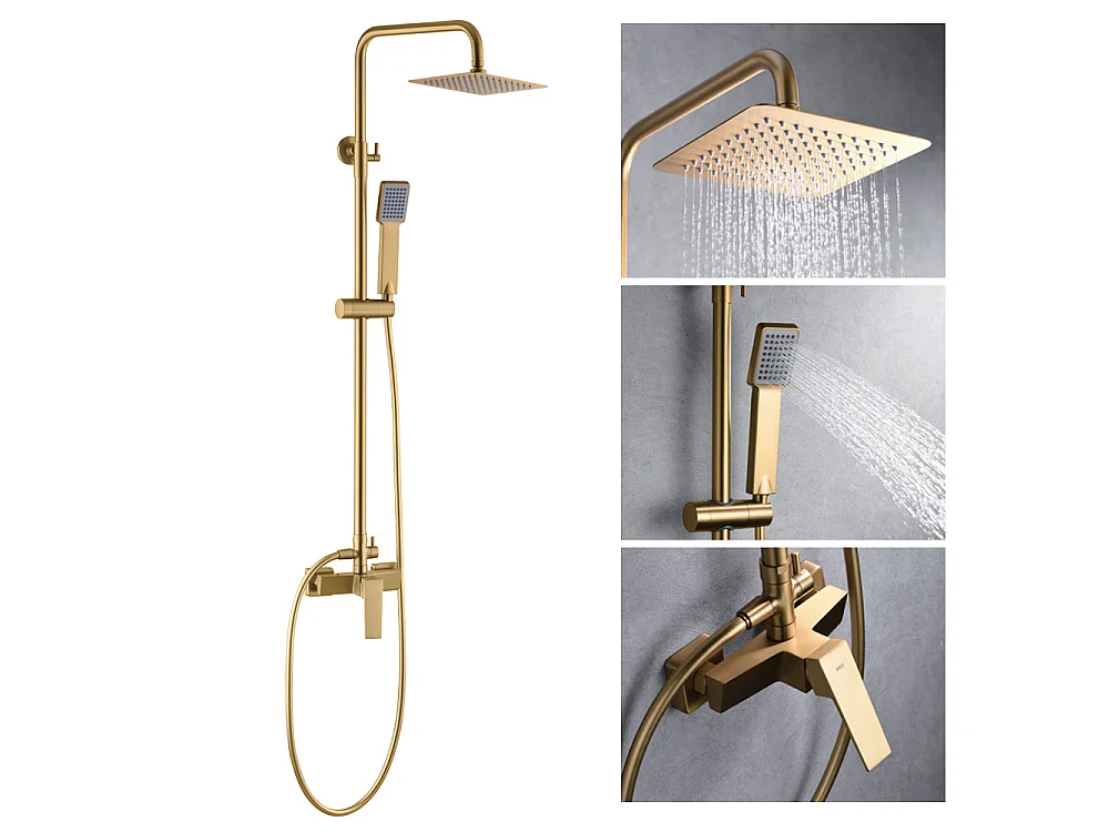 Douchekolom met eengreepsmengkraan | Vierkante regendouche van roestvrij staal S.304 20x20 cm | Extra vlak antikalk | Geborsteld gouden afwerking