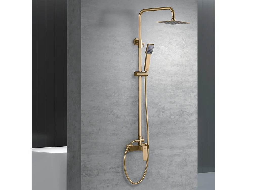 Douchekolom met eengreepsmengkraan | Vierkante regendouche van roestvrij staal S.304 20x20 cm | Extra vlak antikalk | Geborsteld gouden afwerking
