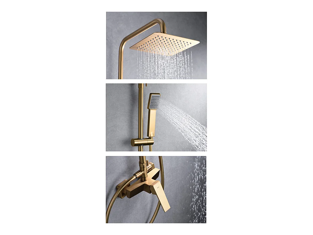 Douchekolom met eengreepsmengkraan | Vierkante regendouche van roestvrij staal S.304 20x20 cm | Extra vlak antikalk | Geborsteld gouden afwerking