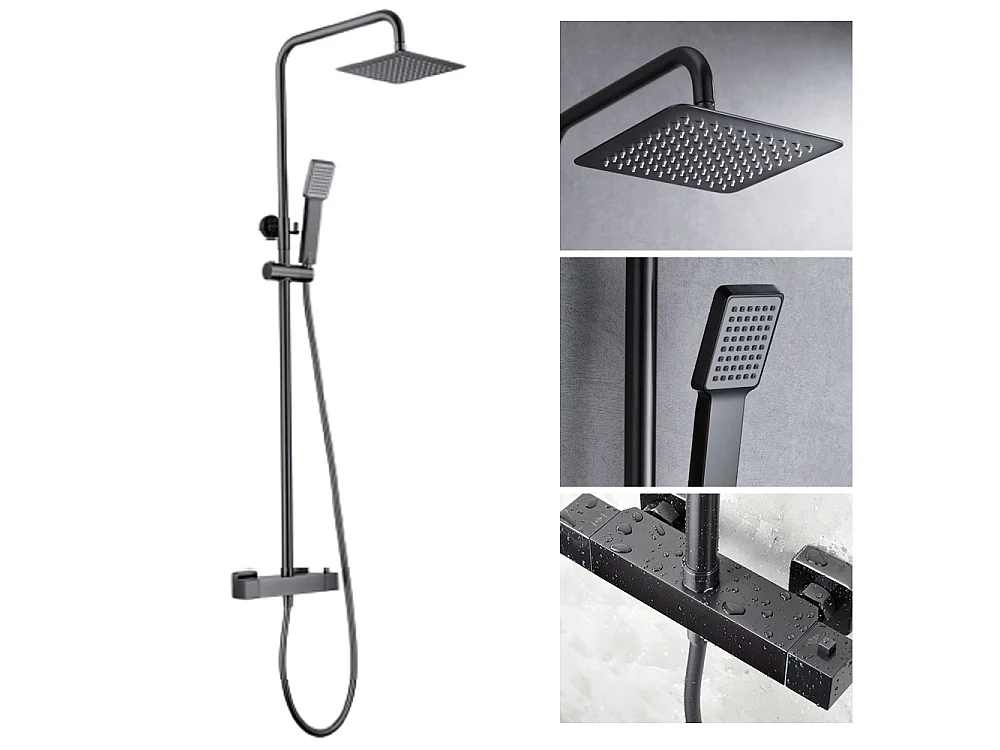 Douchekolom met thermostatische kraan | Vierkante regendouche van roestvrij staal S.304 20x20 cm | Extra vlak antikalk | Black Gun Metal afwerking