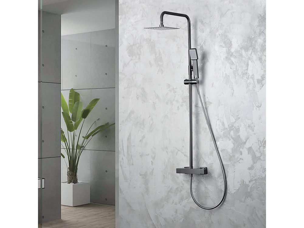 Douchekolom met thermostatische kraan | Vierkante regendouche van roestvrij staal S.304 20x20 cm | Extra vlak antikalk | Black Gun Metal afwerking