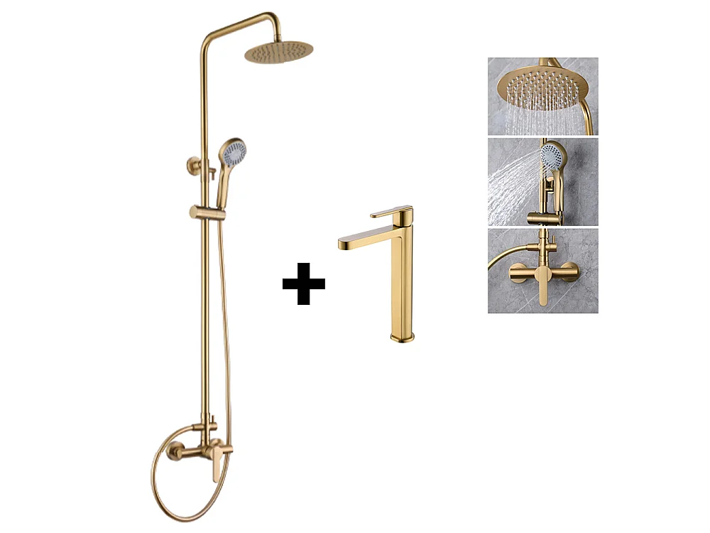 PACK Coluna de duche e Torneira de lavatório bica alta monocomando | Chuveiro redondo aço inox Ø20 cm | Anticalcário ouro escovado