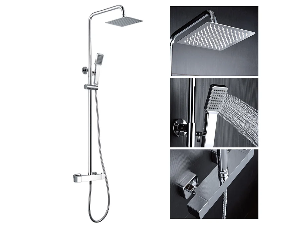Douchekolom met thermostatische kraan | Vierkante regendouche van roestvrij staal S.304 20x20 cm | Extra vlak antikalk | Chroom afwerking