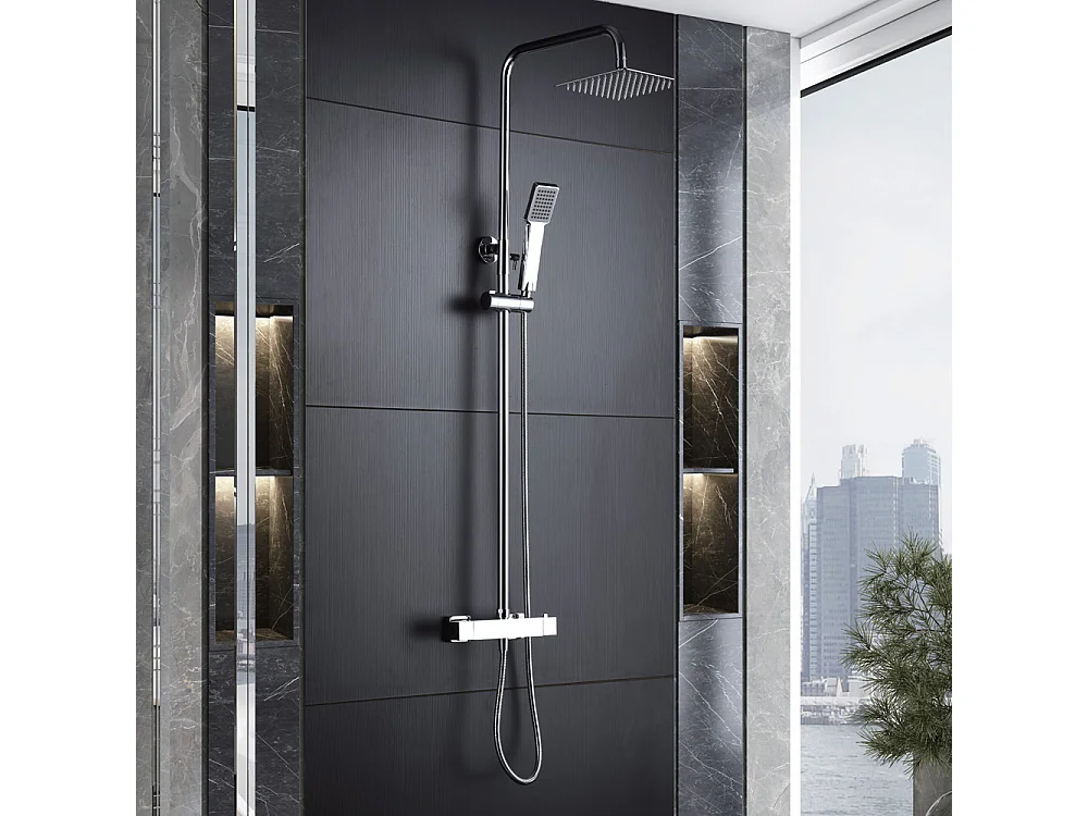 Douchekolom met thermostatische kraan | Vierkante regendouche van roestvrij staal S.304 20x20 cm | Extra vlak antikalk | Chroom afwerking