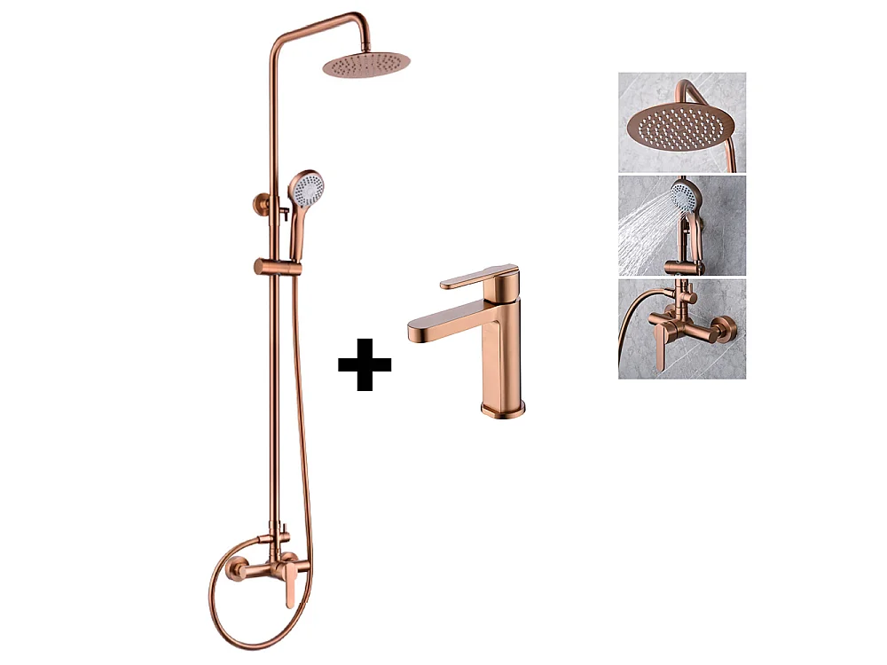 PACK Coluna de duche e Torneira de lavatório bica baixa monocomando | Chuveiro redondo aço inox Ø20 cm | Anticalcário ouro rosa escovado