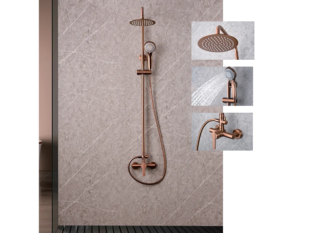 PACK Coluna de duche e Torneira de lavatório bica baixa monocomando | Chuveiro redondo aço inox Ø20 cm | Anticalcário ouro rosa escovado
