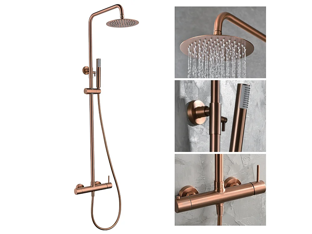 Douchekolom met eengreepsmengkraan | Ronde regendouche van roestvrij staal S.304 Ø20 cm | Extra vlak antikalk | Geborsteld roségouden afwerking