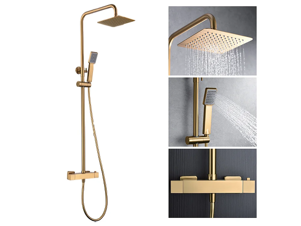 Douchekolom met thermostatische kraan | Vierkante regendouche van roestvrij staal S.304 20x20 cm | Extra vlak antikalk | Geborsteld gouden afwerking