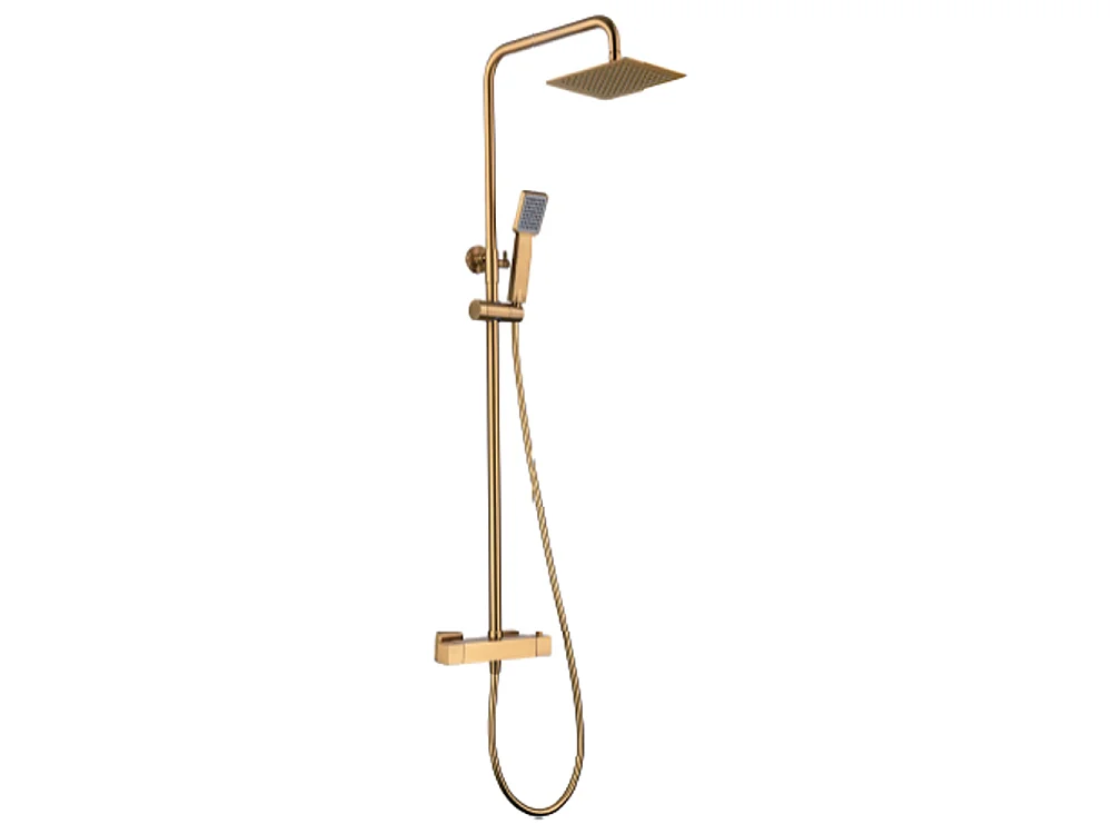 Douchekolom met thermostatische kraan | Vierkante regendouche van roestvrij staal S.304 20x20 cm | Extra vlak antikalk | Geborsteld gouden afwerking