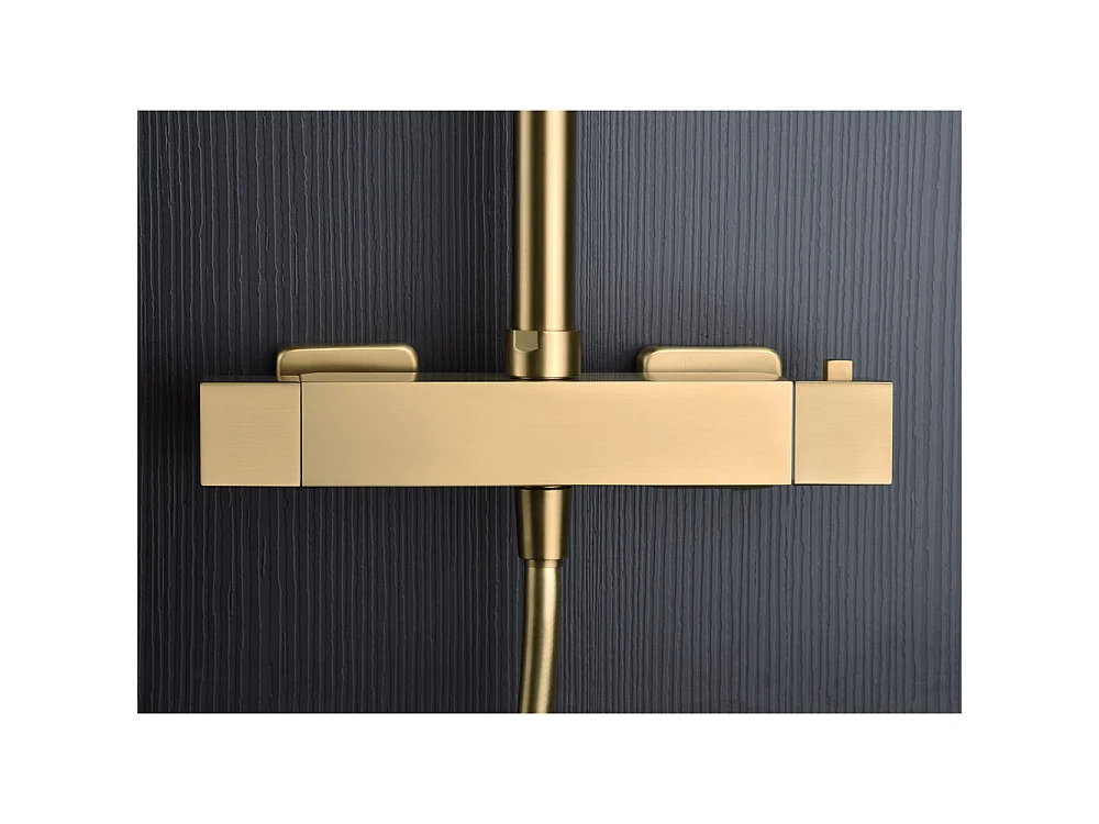Douchekolom met thermostatische kraan | Vierkante regendouche van roestvrij staal S.304 20x20 cm | Extra vlak antikalk | Geborsteld gouden afwerking