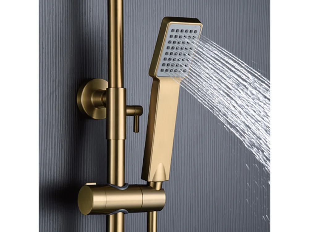 Douchekolom met thermostatische kraan | Vierkante regendouche van roestvrij staal S.304 20x20 cm | Extra vlak antikalk | Geborsteld gouden afwerking