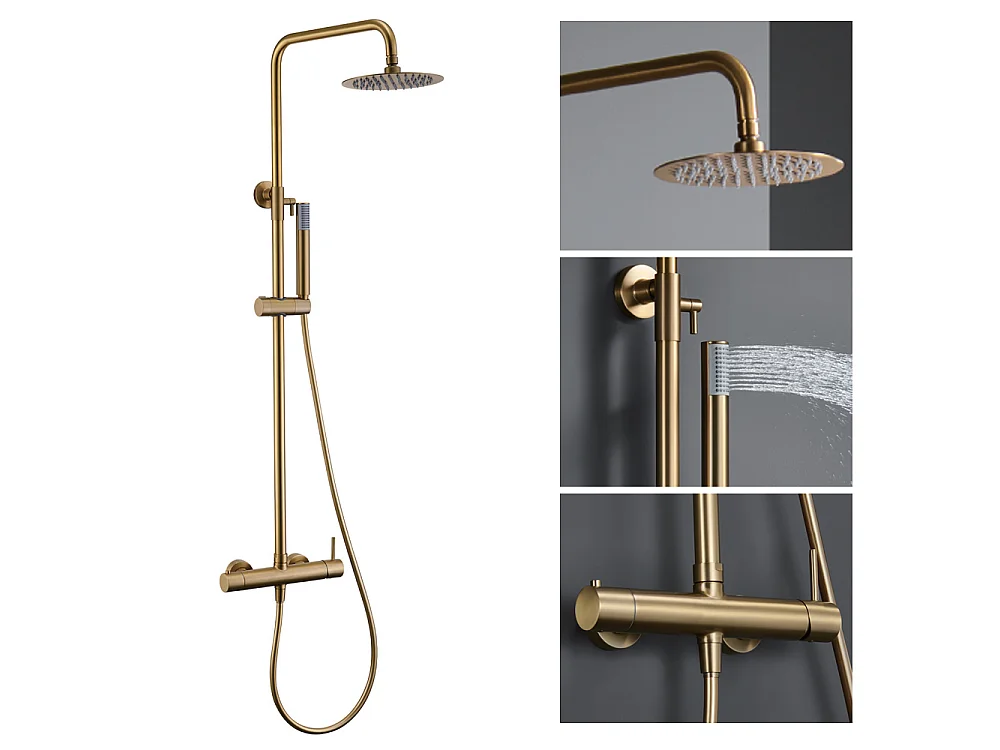 Douchekolom met eengreepsmengkraan | Ronde regendouche van roestvrij staal S.304 Ø20 cm | Extra vlak antikalk | Geborsteld gouden afwerking