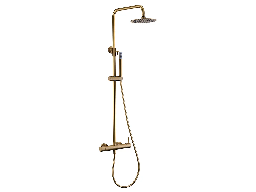 Douchekolom met eengreepsmengkraan | Ronde regendouche van roestvrij staal S.304 Ø20 cm | Extra vlak antikalk | Geborsteld gouden afwerking