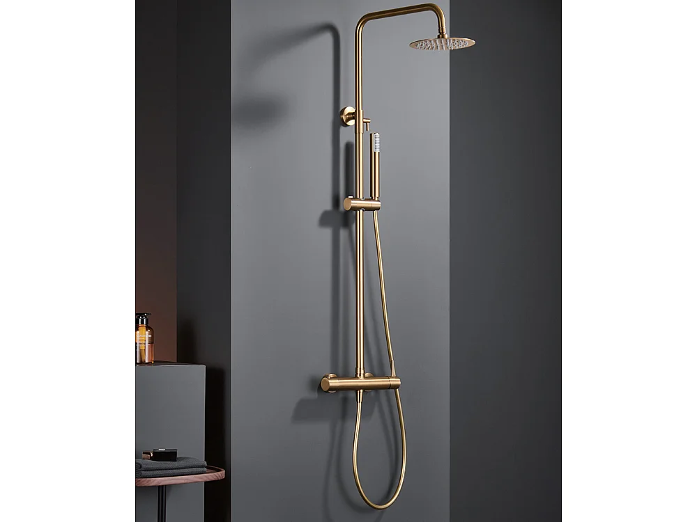 Douchekolom met eengreepsmengkraan | Ronde regendouche van roestvrij staal S.304 Ø20 cm | Extra vlak antikalk | Geborsteld gouden afwerking