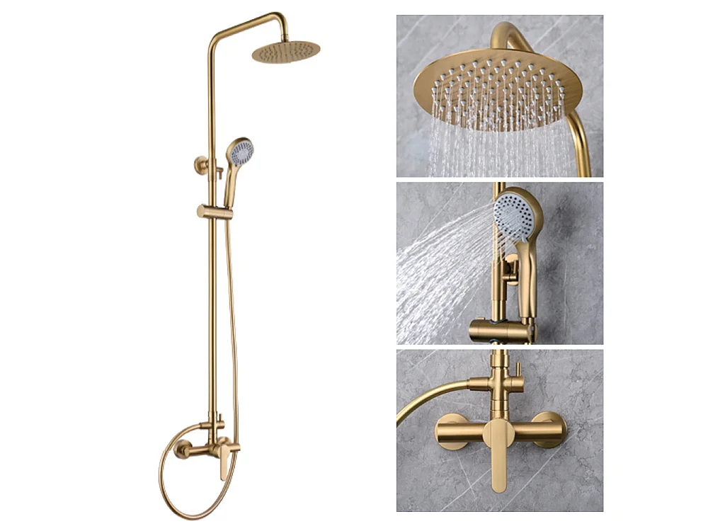 Coluna de Duche com Misturadora Monocomando | Chuveiro Redondo em Aço Inox S.304 Ø20 cm | Ultrafino Anticalcário Acabamento Ouro Escovado