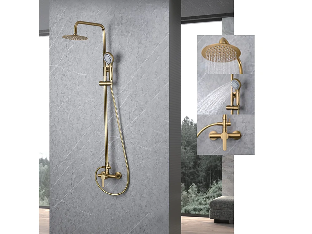 Coluna de Duche com Misturadora Monocomando | Chuveiro Redondo em Aço Inox S.304 Ø20 cm | Ultrafino Anticalcário Acabamento Ouro Escovado