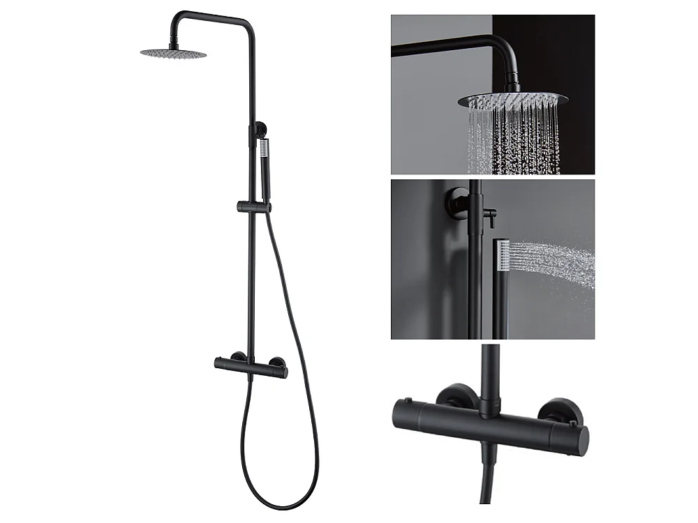 Coluna de Duche com Misturadora Termostática | Chuveiro Redondo em Aço Inox S.304 Ø20 cm | Ultrafino Anticalcário Acabamento Preto Mate