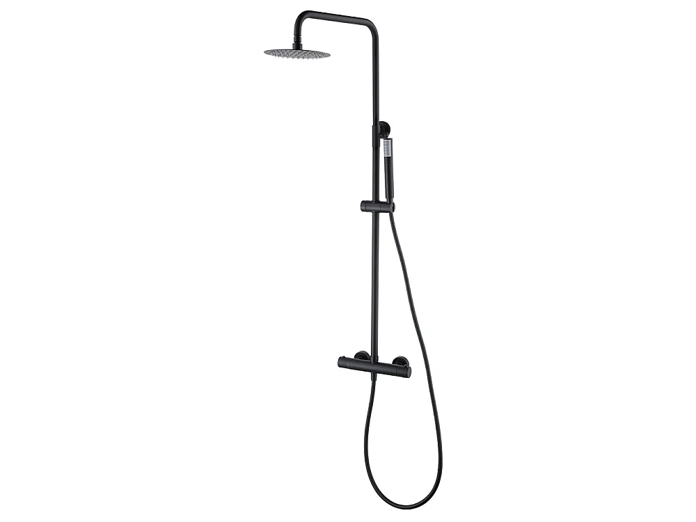 Coluna de Duche com Misturadora Termostática | Chuveiro Redondo em Aço Inox S.304 Ø20 cm | Ultrafino Anticalcário Acabamento Preto Mate