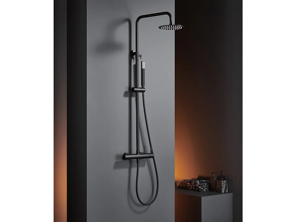 Coluna de Duche com Misturadora Termostática | Chuveiro Redondo em Aço Inox S.304 Ø20 cm | Ultrafino Anticalcário Acabamento Preto Mate