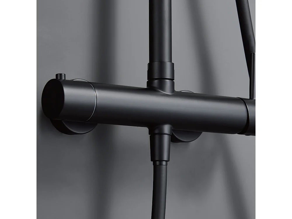 Coluna de Duche com Misturadora Termostática | Chuveiro Redondo em Aço Inox S.304 Ø20 cm | Ultrafino Anticalcário Acabamento Preto Mate