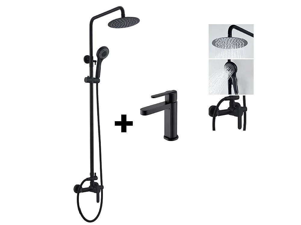 PACK Coluna de duche e Torneira de lavatório bica baixa monocomando | Chuveiro redondo aço inox Ø20 cm | Anticalcário preto mate