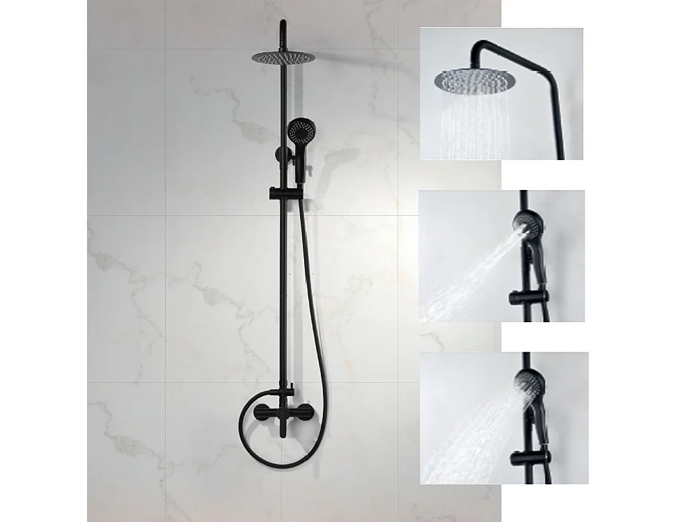 PACK Coluna de duche e Torneira de lavatório bica baixa monocomando | Chuveiro redondo aço inox Ø20 cm | Anticalcário preto mate