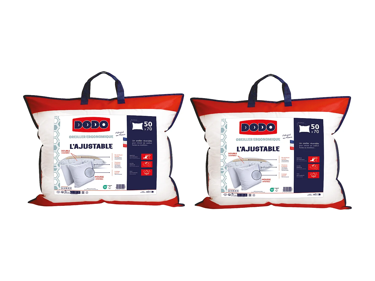 Lot de 2 oreillers DODO ergonomique anti-acariens à mémoire de forme - 50x70cm - CŒUR ADAPT
