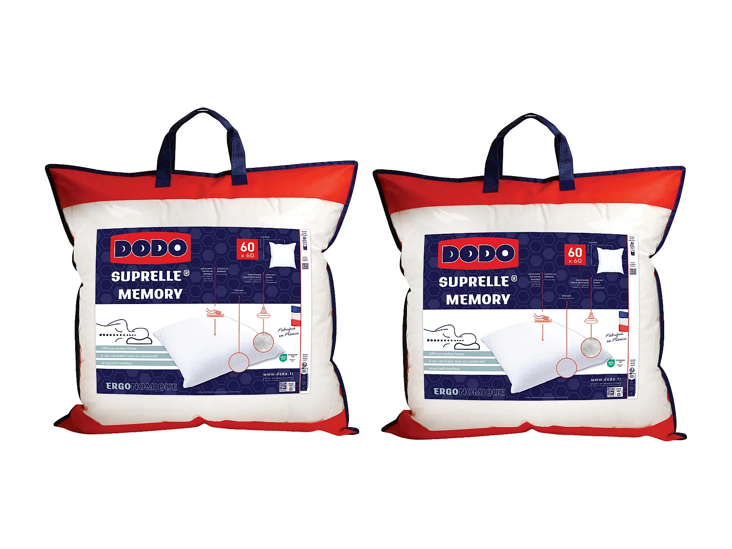 Lot de 2 oreillers DODO ergonomique à mémoire de forme - 1060g/m² - 60x60cm - CERVEA