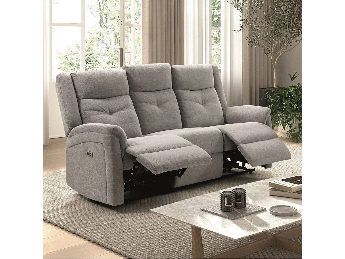 Canapé relax électrique 3 places tissu polyester gris clair - MELILLA