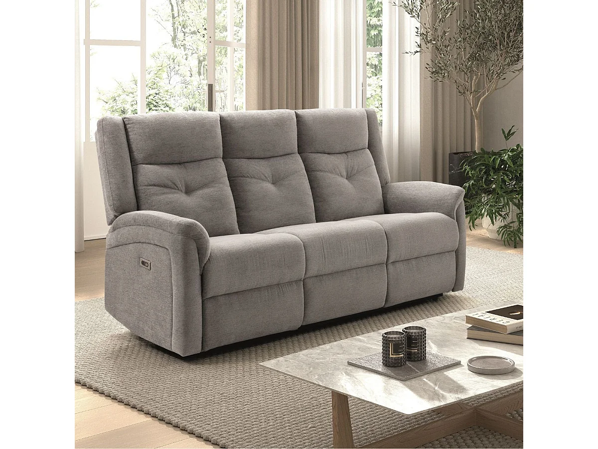 Canapé relax électrique 3 places tissu polyester gris clair - MELILLA