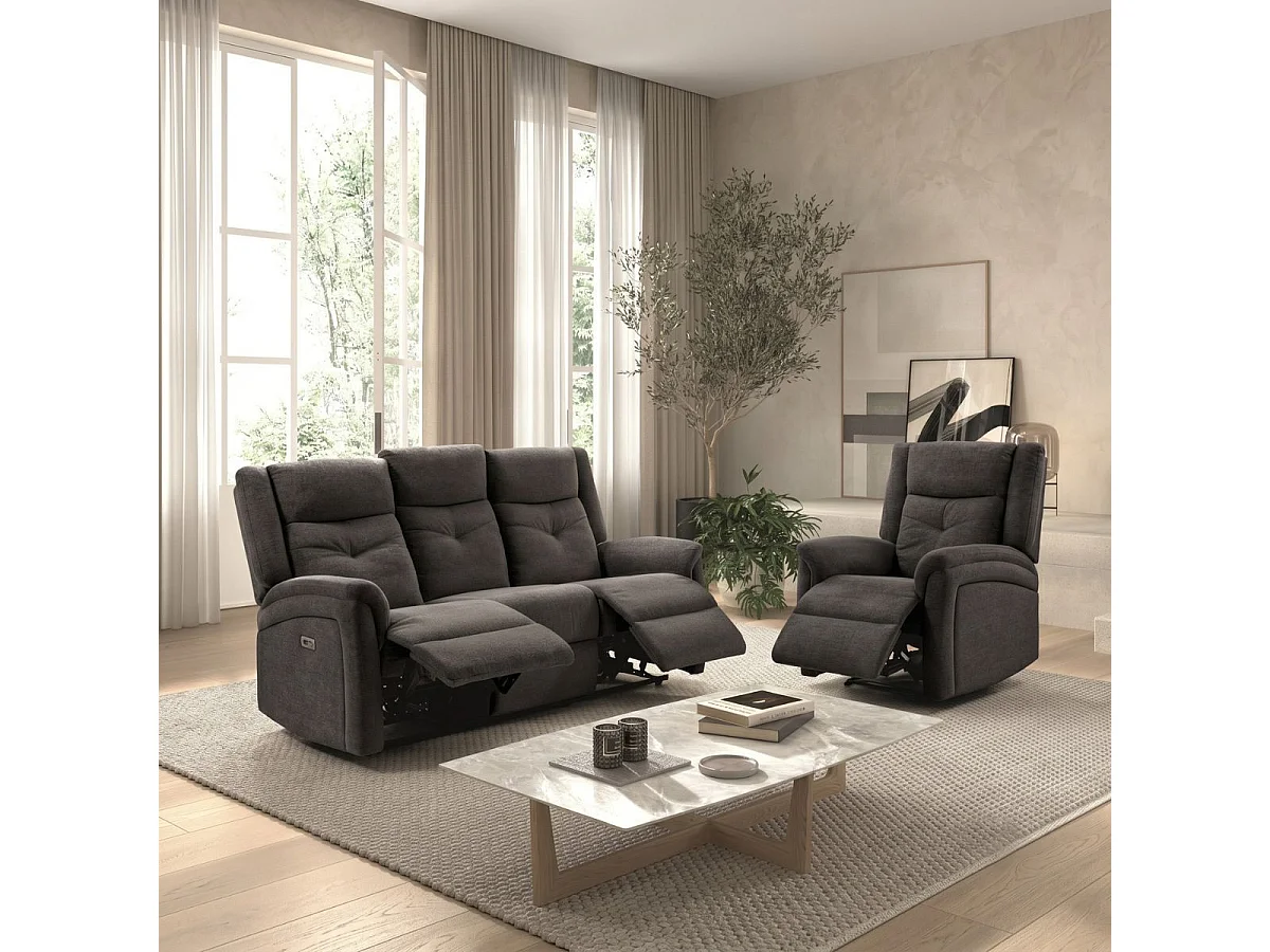 Ensemble canapé élec 3pl + fauteuil relax tissu gris foncé - MELILLA