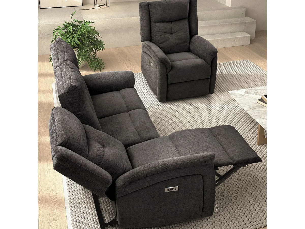 Ensemble canapé élec 3pl + fauteuil relax tissu gris foncé - MELILLA