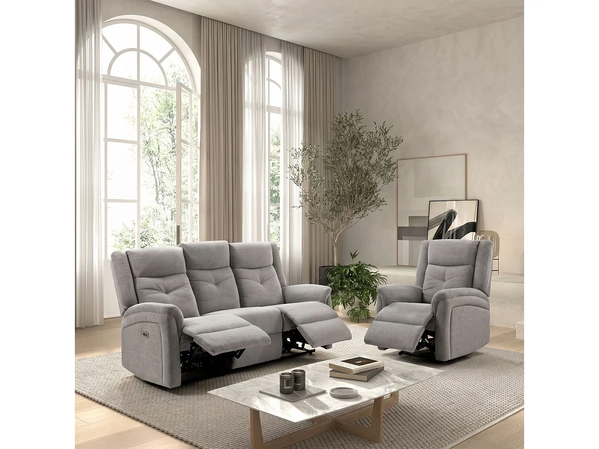 Ensemble canapé élec 3pl + fauteuil relax tissu gris clair - MELILLA