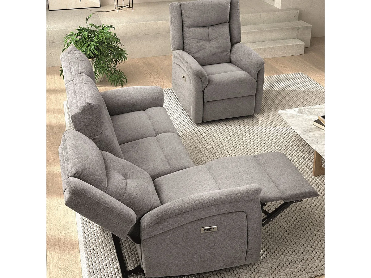Ensemble canapé élec 3pl + fauteuil relax tissu gris clair - MELILLA