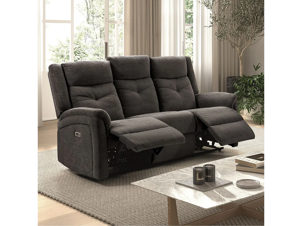 Canapé relax électrique 3 places tissu polyester gris foncé - MELILLA