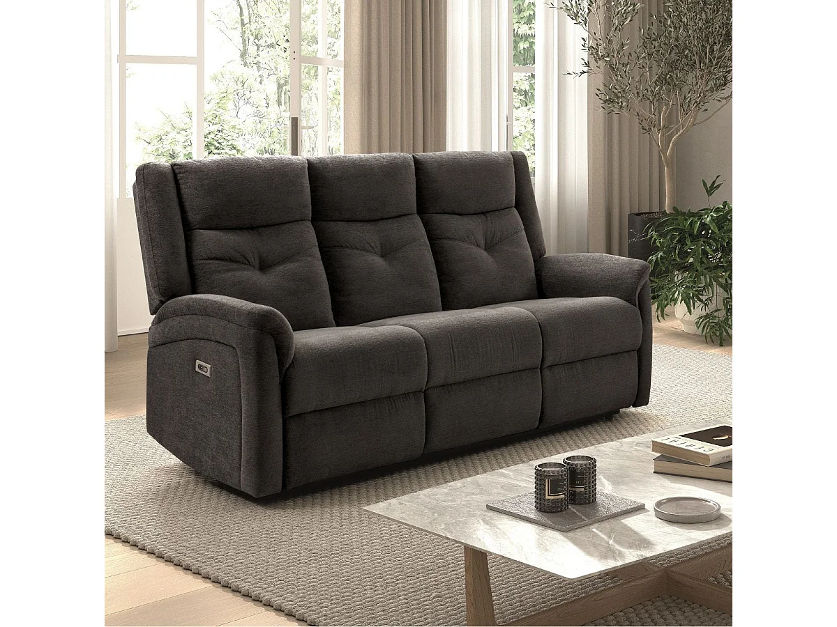 Canapé relax électrique 3 places tissu polyester gris foncé - MELILLA