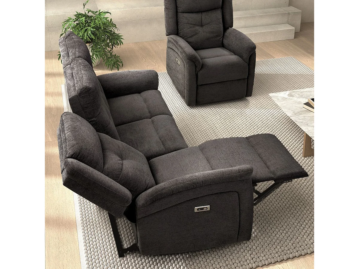 Canapé relax électrique 3 places tissu polyester gris foncé - MELILLA