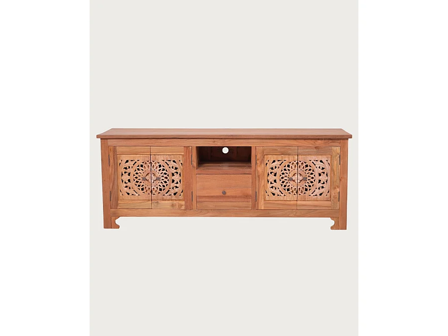Oba - Mobile porta TV in legno di teak intagliato, 160 cm