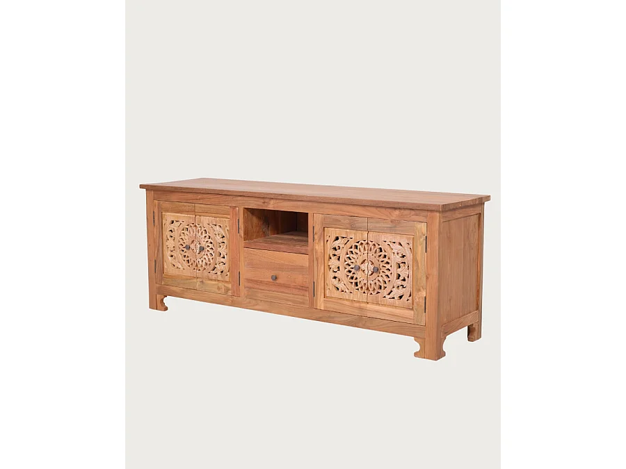 Oba - Mobile porta TV in legno di teak intagliato, 160 cm