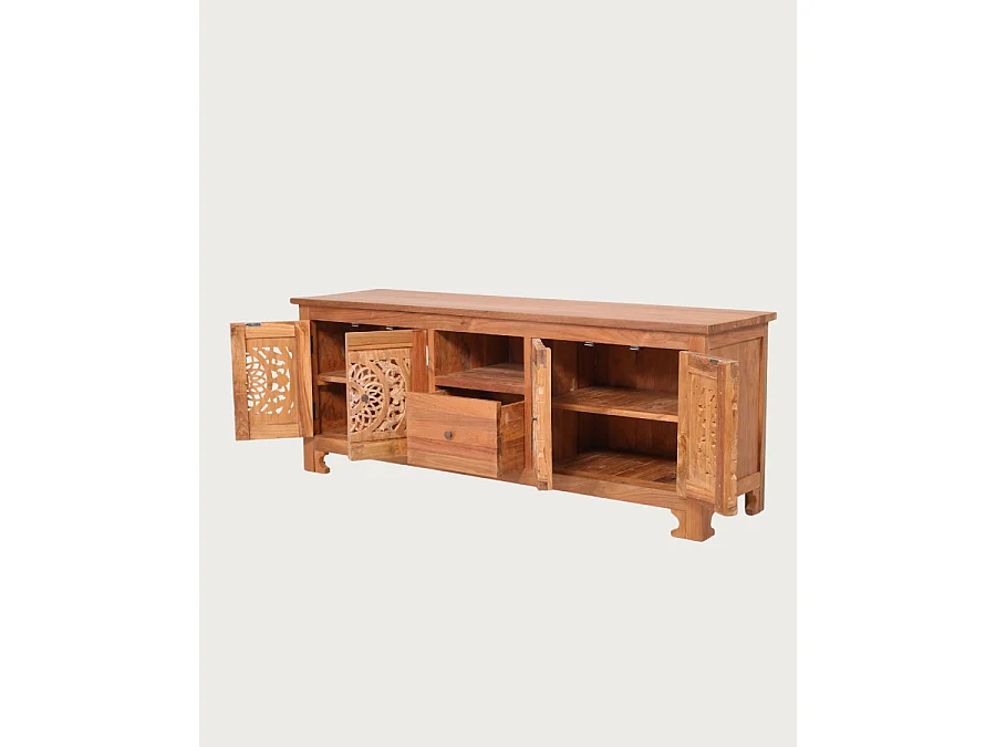 Oba - Mobile porta TV in legno di teak intagliato, 160 cm