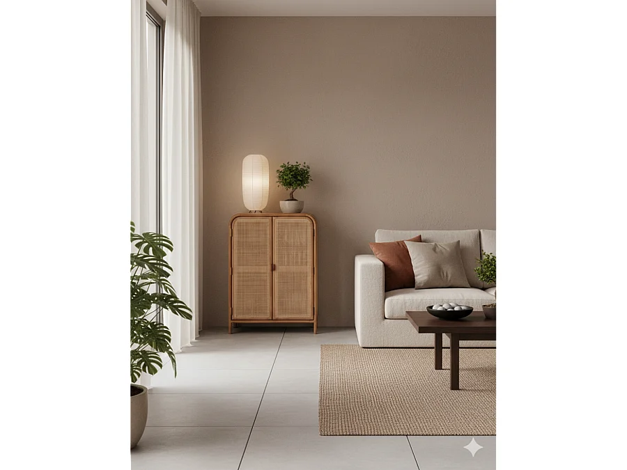 Tiraya - Petite armoire de rangement en bois de Mindi et rotin naturel