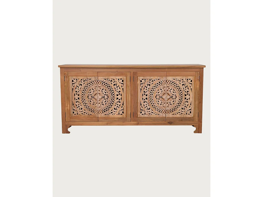 Oba - Laag dressoir met 4 deuren van gesneden teakhout, 180 cm