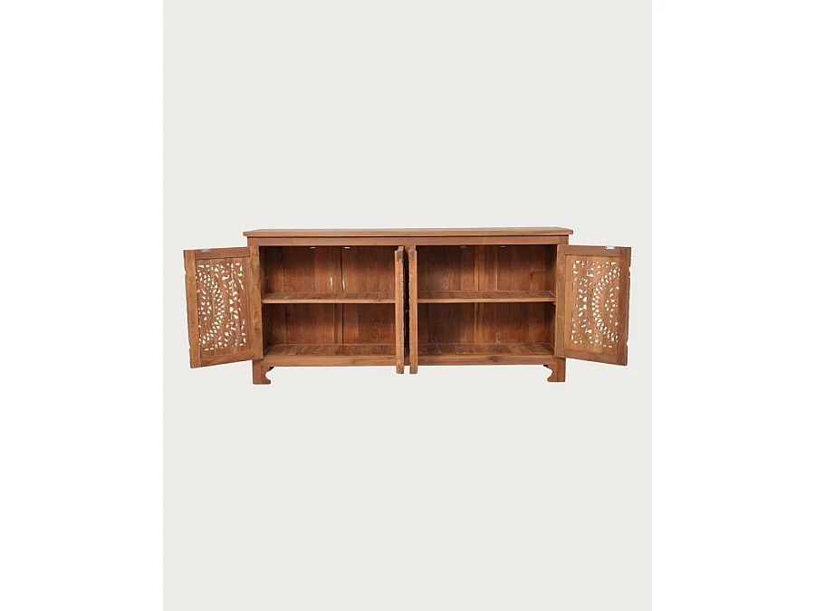 Oba - Laag dressoir met 4 deuren van gesneden teakhout, 180 cm
