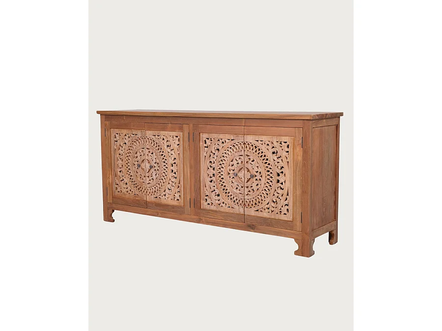 Oba - Laag dressoir met 4 deuren van gesneden teakhout, 180 cm
