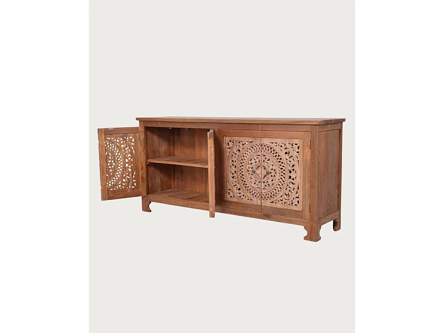 Oba - Laag dressoir met 4 deuren van gesneden teakhout, 180 cm